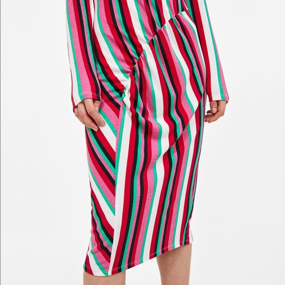 Zara Gathered Striped Ribbed midi dress pink green - Picture 7 of 8
